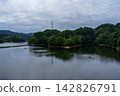 Power lines crossing the opposite shore and the wide lake surface; Nunome Dam; 35mm; Top copy space; Horizontal composition; Transmission tower in the center; Suitable for B0 poster. 142826791