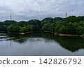 Power lines crossing the opposite shore and the sky reflected on the lake surface. Nunome Dam. 35mm. Copy space above. Horizontal composition, center of opposite shore. Suitable for B0 poster. 142826792
