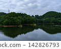 Lake surface reflecting fluffy clouds; Nunome Dam; 35mm; blank copy space at the top; horizontal composition; transmission tower on the left; suitable for B0 poster. 142826793