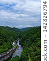 Blue sky between clouds and the flowing Nunome River; Nunome Dam; 35mm; Copy space above; Vertical composition, river in the center; Suitable for B0 poster. 142826794