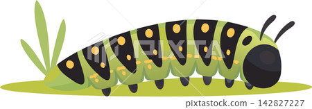 A green caterpillar with black stripes and yellow spots. 142827227