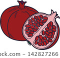 Ripe pomegranate fruit and one cut in half with leaf 142827266