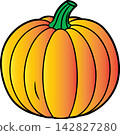 Pumpkin symbol for autumn holidays Halloween or Thanksgiving. Flat design. Orange pumpkin silhouette isolated on a transparent background. Colorful cartoon illustration. 142827280