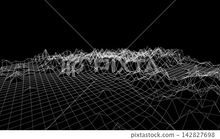 Abstract cyber ai background digital design with wireframe landscape grid line. 3D mountain and futuristic technology topographic big data concept. Abstract cyber ai background digital design with wireframe landscape grid line. 3D mountain and futuristic technology topographic big data concept. 142827698
