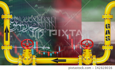 Gas exports from the United Arab Emirates to Saudi Arabia on financial chart background. Emirati gas export pipeline to Saudi Arabia Gas exports from the United Arab Emirates to Saudi Arabia on financial chart background. Emirati gas export pipeline to Saudi Arabia 142828016