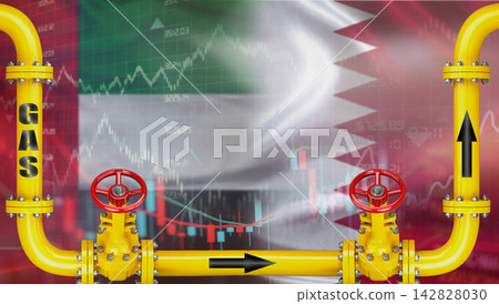 Gas exports from the United Arab Emirates to Qatar on financial chart background. Emirati gas export pipeline to Qatar Gas exports from the United Arab Emirates to Qatar on financial chart background. Emirati gas export pipeline to Qatar 142828030