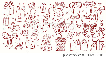 Christmas Gift Boxes, Stockings and Bow Ribbons Line Art Set Christmas Gift Boxes, Stockings and Bow Ribbons Line Art Set 142828103