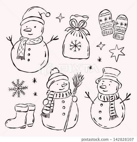 Cute Christmas Snowman and Winter Accessories Line Art Set 142828107