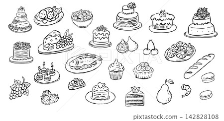 Restaurant Banquet Food and Dessert Hand Drawn Doodle Set Restaurant Banquet Food and Dessert Hand Drawn Doodle Set 142828108