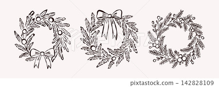 Christmas Fir Tree Wreath with Ribbon Bow and Berries Line Art Set Christmas Fir Tree Wreath with Ribbon Bow and Berries Line Art Set 142828109