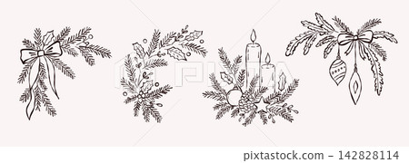 Christmas Fir Branch Wreath and Garland Line Art Set Christmas Fir Branch Wreath and Garland Line Art Set 142828114