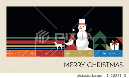 Merry Christmas greeting banner with minimalist geometric Santa Claus, snowman and elements modern retro style in black frame on beige background horizontal template have blank space. Merry Christmas greeting banner with minimalist geometric Santa Claus, snowman and elements modern retro style in black frame on beige background horizontal template have blank space. 142828140