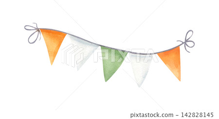 Watercolor garland with orange, white and green triangle flags tied on rope. Hand painted bunting decoration in Irish or Indian flag colors. Festive element for St. Patrick day or Republic Day party Watercolor garland with orange, white and green triangle flags tied on rope. Hand painted bunting decoration in Irish or Indian flag colors. Festive element for St. Patrick day or Republic Day party 142828145