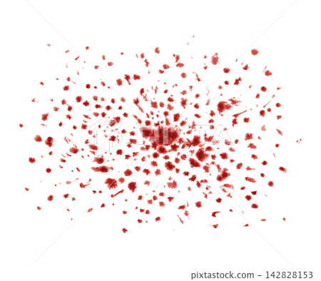 Abstract red blood splatter watercolor illustration on isolated background. Scattered droplets and stains with dark center spot. Horror crime element for Halloween scene graphic, or berry juice decor. Abstract red blood splatter watercolor illustration on isolated background. Scattered droplets and stains with dark center spot. Horror crime element for Halloween scene graphic, or berry juice decor. 142828153