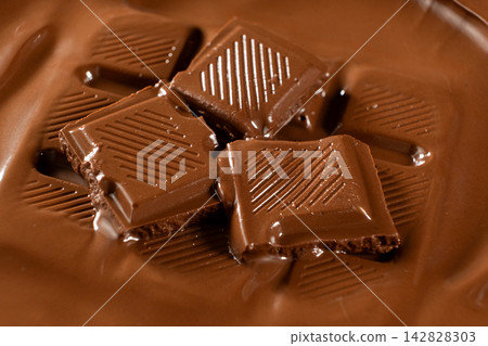 Chocolate bar pieces in warm melted chocolate pool close up Chocolate bar pieces in warm melted chocolate pool close up 142828303