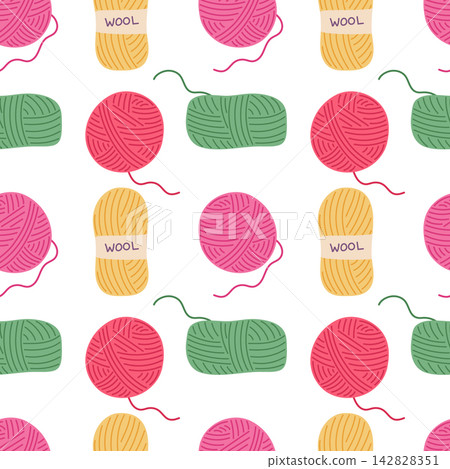Colorful wool yarn vector seamless pattern illustration. Bright balls of yarn and skeins of wool for knitting or crochet on white background. Crafting hobby or handmade concept repeating tile design Colorful wool yarn vector seamless pattern illustration. Bright balls of yarn and skeins of wool for knitting or crochet on white background. Crafting hobby or handmade concept repeating tile design 142828351