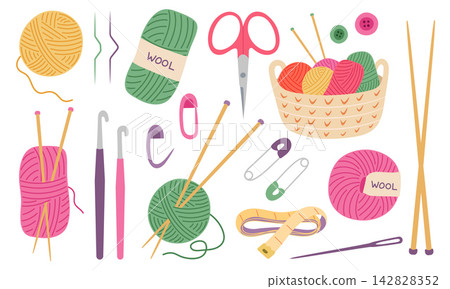 Knitting and crochet tools and supplies vector illustration set. Basket of colorful wool yarn balls, embroidery scissors, safety pins, knitting needles, crochet hooks, measuring tape in flat style 142828352