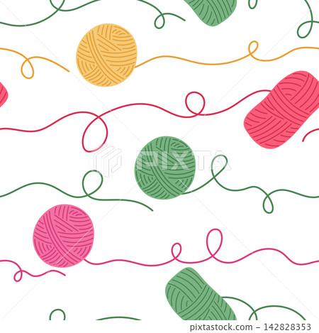 Yarn balls seamless pattern vector illustration. Colorful skeins and balls of wool yarn with wavy threads isolated on white background. Knitting and crochet craft supplies repeat tile design Yarn balls seamless pattern vector illustration. Colorful skeins and balls of wool yarn with wavy threads isolated on white background. Knitting and crochet craft supplies repeat tile design 142828353