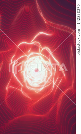 Red glowing wave vortex with a luminous center and flowing contour lines, forming an abstract energetic floral tunnel. Red glowing wave vortex with a luminous center and flowing contour lines, forming an abstract energetic floral tunnel. 142828379