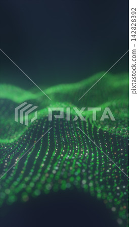 Green and pale gold particles form an undulating digital landscape with blurred foreground dots and open space above. Green and pale gold particles form an undulating digital landscape with blurred foreground dots and open space above. 142828392