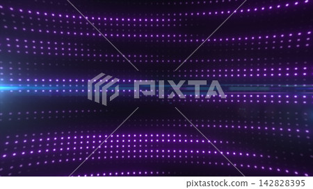 Purple LED dot tunnel with blue lens flare, forming an abstract neon technology backdrop with depth, glow, and perspective. Purple LED dot tunnel with blue lens flare, forming an abstract neon technology backdrop with depth, glow, and perspective. 142828395