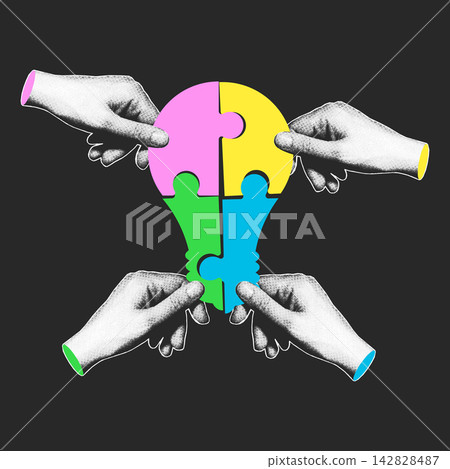Halftone Hands Assembling Light Bulb Puzzle Dark Illustration 142828487