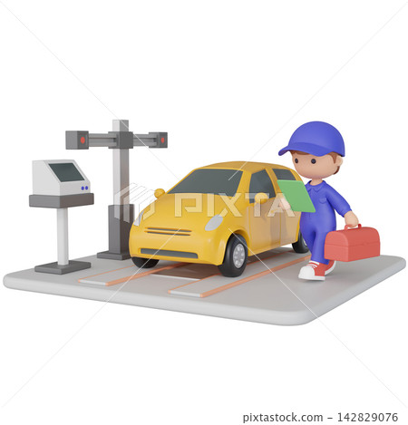 3D CG | A mechanic performing a vehicle inspection and a yellow car 3D CG | A mechanic performing a vehicle inspection and a yellow car 142829076
