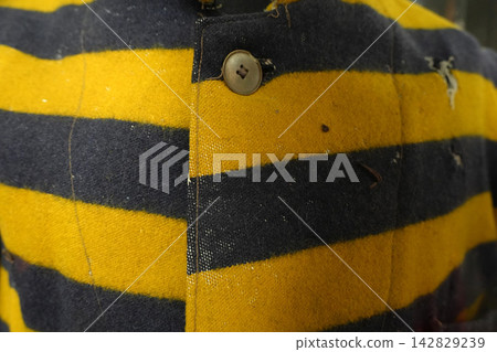 Historic Convict Uniform Ushuaia Blue and Yellow Striped Wool Close up Historic Convict Uniform Ushuaia Blue and Yellow Striped Wool Close up 142829239