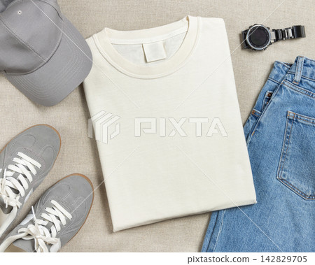Ivory folded t-shirt mockup, crewneck flat lay with denim jeans and mens accessories top view Ivory folded t-shirt mockup, crewneck flat lay with denim jeans and mens accessories top view 142829705