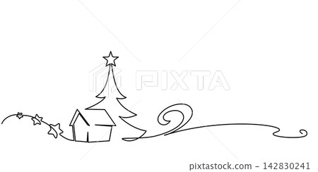 Christmas tree and cozy winter house. Vector holiday illustration Christmas tree and cozy winter house. Vector holiday illustration 142830241