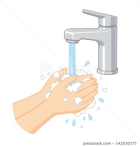 Hand washing with tap water; illustration of foamy hand washing. Hand washing with tap water; illustration of foamy hand washing. 142830375