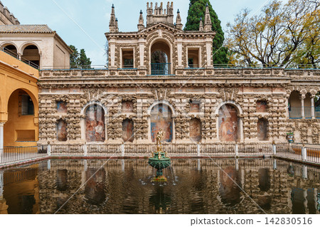 Renaissance grotto gallery and fountain pool at the Real Alcazar of Seville 142830516