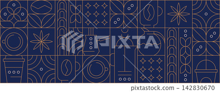 Abstract geometric coffee pattern with line art elements in minimalist style Abstract geometric coffee pattern with line art elements in minimalist style 142830670