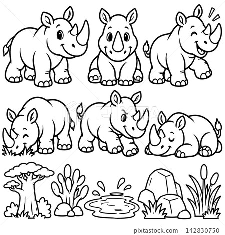 Black and white coloring book outline of happy rhinoceros set showing various cheerful emotional expressions like sleeping eating and standing outdoors 142830750