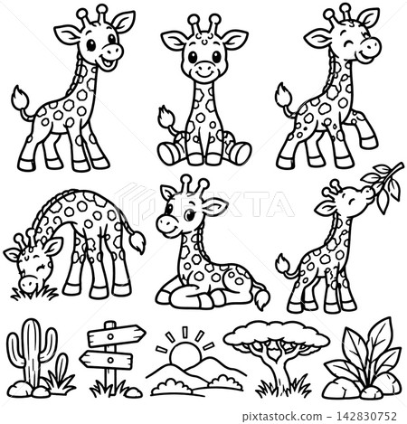 Cute cartoon giraffe set with happy emotional expression for coloring book page illustration, featuring cheerful wild animal character in various pose, safari element, nature detail Cute cartoon giraffe set with happy emotional expression for coloring book page illustration, featuring cheerful wild animal character in various pose, safari element, nature detail 142830752