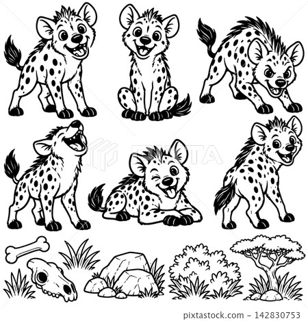 Cute cartoon hyena puppy character set showing happy emotional expression, black and white outline colouring book page with bone and skull element Cute cartoon hyena puppy character set showing happy emotional expression, black and white outline colouring book page with bone and skull element 142830753
