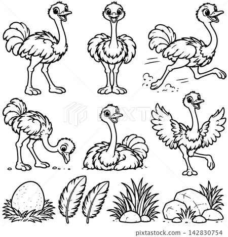 Cute cartoon ostrich character outline set shows happy bird in different poses with egg, feather, grass and stone elements, expressing cheerful and playful emotion on white background Cute cartoon ostrich character outline set shows happy bird in different poses with egg, feather, grass and stone elements, expressing cheerful and playful emotion on white background 142830754