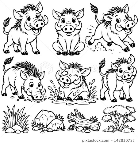 Cute cartoon wild boar coloring book page illustration set featuring happy character in various playful poses, muddy puddle, rock, grass, log, tree on white background Cute cartoon wild boar coloring book page illustration set featuring happy character in various playful poses, muddy puddle, rock, grass, log, tree on white background 142830755