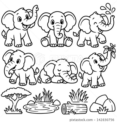 Cute coloring page featuring happy cartoon elephant character set with tree pond log rock grass elements showing happy cheerful playful sleeping emotions for kids activity Cute coloring page featuring happy cartoon elephant character set with tree pond log rock grass elements showing happy cheerful playful sleeping emotions for kids activity 142830756