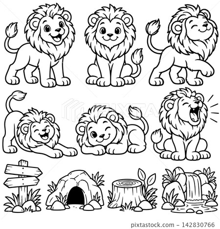 Cute lion cartoon coloring page illustration set showing happy cub character sitting standing yawning stretching with cave wood sign stump waterfall elements Cute lion cartoon coloring page illustration set showing happy cub character sitting standing yawning stretching with cave wood sign stump waterfall elements 142830766