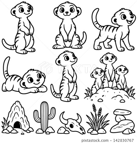 Cute meerkat coloring page featuring happy cartoon animal characters in desert with cactus, skull, and rocks, providing cheerful creative activity for children Cute meerkat coloring page featuring happy cartoon animal characters in desert with cactus, skull, and rocks, providing cheerful creative activity for children 142830767