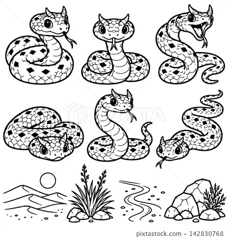 Cute snake cartoon set black and white outline drawing with happy viper character and desert element for coloring book illustration pack Cute snake cartoon set black and white outline drawing with happy viper character and desert element for coloring book illustration pack 142830768