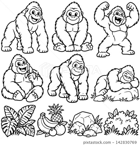 Gorilla cartoon coloring page collection features happy ape character in cute pose with tropical leaf banana pineapple and rock outline Gorilla cartoon coloring page collection features happy ape character in cute pose with tropical leaf banana pineapple and rock outline 142830769
