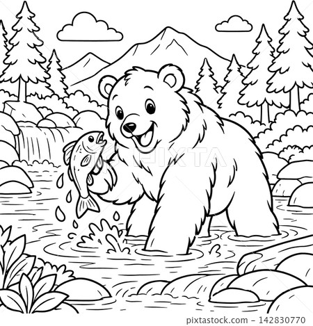 Happy bear catching fish coloring page outline in forest river stream with mountain pine tree background, representing cute cheerful wild animal in nature Happy bear catching fish coloring page outline in forest river stream with mountain pine tree background, representing cute cheerful wild animal in nature 142830770