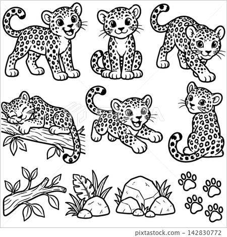 Happy cartoon leopard cub collection in coloring book page style featuring outline illustration of cheerful wild baby cat animal set with happy facial expression Happy cartoon leopard cub collection in coloring book page style featuring outline illustration of cheerful wild baby cat animal set with happy facial expression 142830772