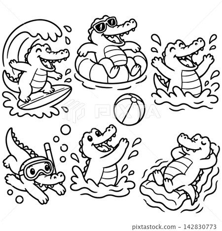 Happy crocodile coloring book page illustration features cute alligator character enjoying summer beach activities with happy emotional expression on white background Happy crocodile coloring book page illustration features cute alligator character enjoying summer beach activities with happy emotional expression on white background 142830773