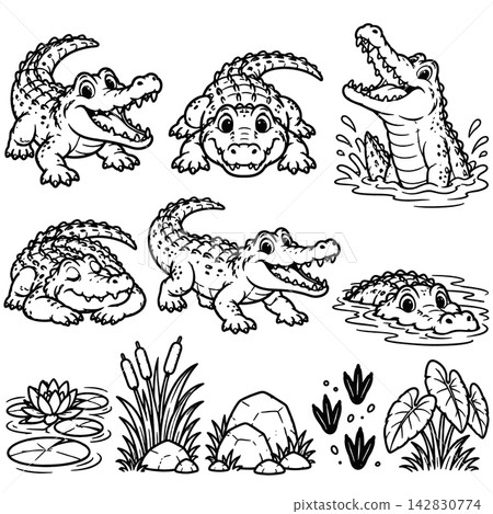 Happy crocodile coloring page set featuring cheerful cartoon alligator characters in water showing friendly, smiling emotional expressions with swamp nature elements Happy crocodile coloring page set featuring cheerful cartoon alligator characters in water showing friendly, smiling emotional expressions with swamp nature elements 142830774