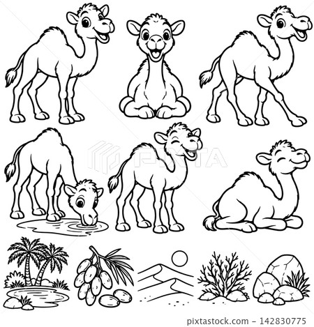 Happy cute camel cartoon character set in cheerful poses and emotional expression with desert elements, perfect black and white outline coloring book page illustration Happy cute camel cartoon character set in cheerful poses and emotional expression with desert elements, perfect black and white outline coloring book page illustration 142830775