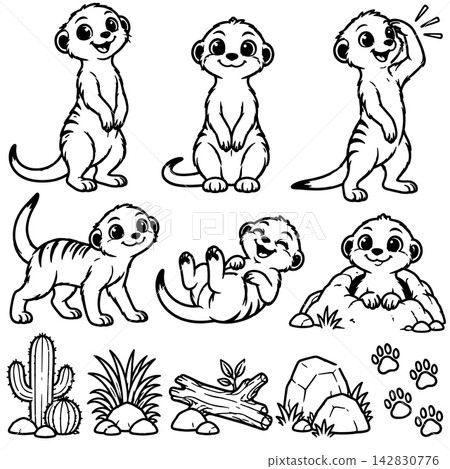 Happy cute cartoon meerkat character collection showing happy emotions with outline illustration for coloring book page design Happy cute cartoon meerkat character collection showing happy emotions with outline illustration for coloring book page design 142830776