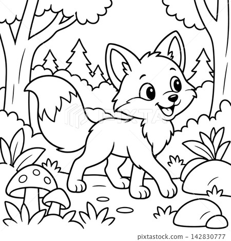 Happy cute fox walking through forest outline coloring page for kids, showing cheerful smile, woodland trees, wild mushroom, plants, and natural outdoor scene Happy cute fox walking through forest outline coloring page for kids, showing cheerful smile, woodland trees, wild mushroom, plants, and natural outdoor scene 142830777